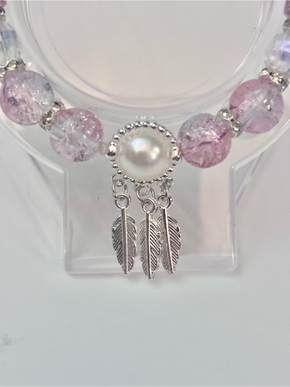 Silver Feather Pearl Charm Bracelet with Pink and Clear Beads - Picture 2 of 5